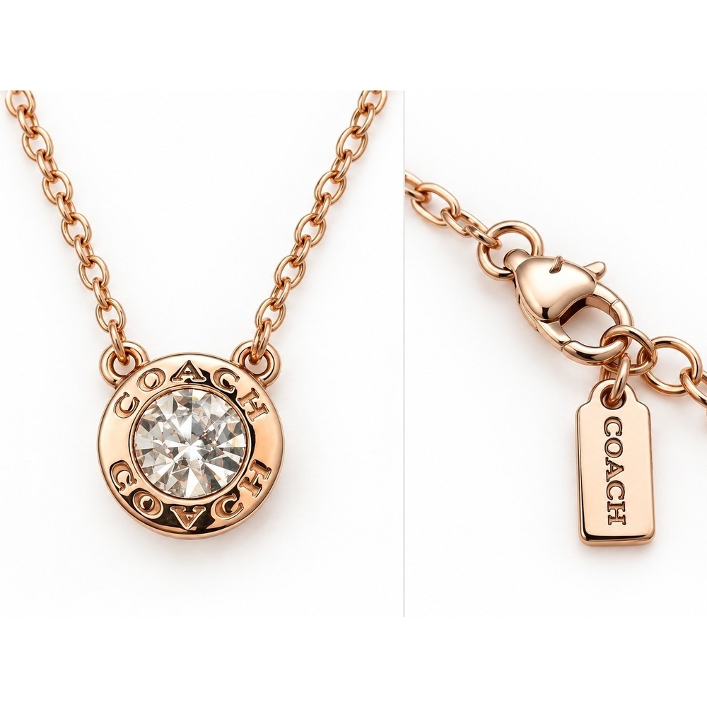 Coach Rose Gold Tone Crystal Logo Bezel Pendant Necklace Adjustable 16-18" Chic